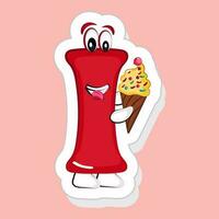 Sticker Style Red I Alphabet Cartoon Character Holding Ice Cream On Pink Background. vector