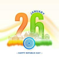 26th January Font With Sketching India Famous Monument On Blur Tricolor Background For Happy Republic Day Concept. vector