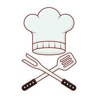 Chef Hat With Cross Bbq Fork And Spatula Over White Background. vector