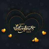 Golden Happy Valentine's Day Font With Glossy Heart Balloons On Lights Effect Black Background. vector