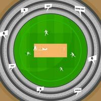 Top View Cricket Stadium Background With Concept Of Run Out Batsman And Wicket Keeper Hitting Ball To Stump. vector