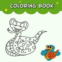 Cartoon Snake Tracing And Coloring Book Worksheet. vector