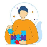 Faceless Man Collecting Jigsaw Puzzle On White Background. vector