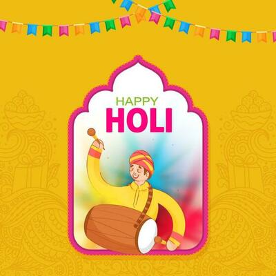 Happy Holi Celebration Concept With Indian Man Playing Dhol And Bunting Flags On Chrome Yellow Paisley Pattern Background.