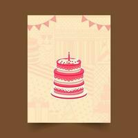 Delicious Layer Cake With Burning Candle And Bunting Flags On Beige Birthday Pattern Background. vector