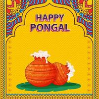 Happy Pongal Celebration Greeting Card With Pongali Rice In Clay Pots Over Banana Leaf On Colorful Ethnic And Zigzag Line Pattern Background. vector