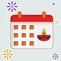 Diwali Calendar Over Fireworks Grey Background In Sticker Style. vector