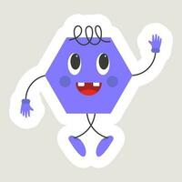 Sticker Style Cheerful Violet Hexagon Cartoon In Dancing Pose On Grey Background. vector