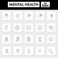 Black Thin Line Art Of Mental Health Square Icon Set. vector