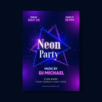 Neon Party Flyer Or Template Design With Shiny Triangle Frames And Event Details On Blue And Purple Stripe Background. vector