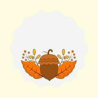 Flat Acorns With Berry, Autumn Leaves Decorative White Circle Frame On Cosmic Latte Background. vector