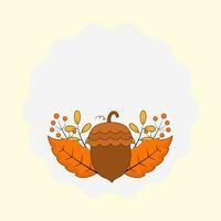 Flat Acorns With Berry, Autumn Leaves Decorative White Circle Frame On Cosmic Latte Background. vector