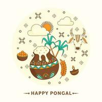 Happy Pongal Celebration Greeting Card With Flat Festival Elements Decorated On White Background. vector