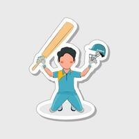 Isolated Bat And Helmet Showing Cricket Male Player Sitting On Grey Floor In Sticker Style. vector