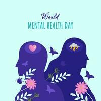 mundo mental salud día concepto con silueta hombre y mujer, mariposas, flores, hojas en azul antecedentes. vector