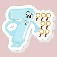 Sticker Style Happy 7 Cartoon Number With Magnifying Glass On Pink Background. vector