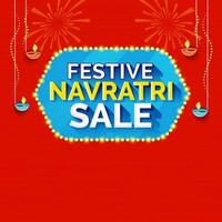 navratri festival rebaja póster diseño con iluminado petróleo lámparas, fuegos artificiales en azul y oscuro naranja antecedentes. vector