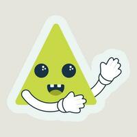 Sticker Style Cheerful Green Triangle Cartoon In Dancing Pose On Grey Background. vector