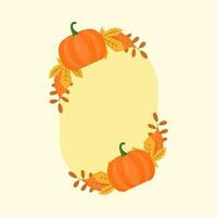 Flat Pumpkins With Autumn Leaves Decorative Oval Yellow Frame And Copy Space. vector