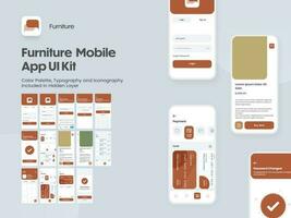 Furniture Mobile App UI Kit with Multiple Screens as Log in, Create Account, Profile, Order and Payment. vector