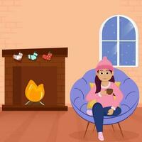 dibujos animados joven niña Bebiendo té o café a sofá con arqueado hogar en melocotón y marrón antecedentes. vector