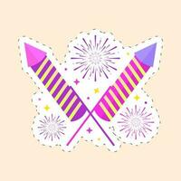 Sticker Style Pink And Yellow Cross Firecracker Rocket With Firework Blast Background. vector