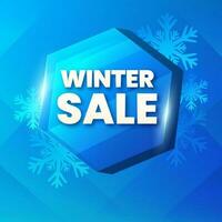 Winter Sale Poster Design With 3D Shiny Hexagon Frame And Snowflakes On Blue Background. vector