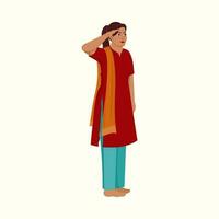 Portrait Of Indian Young Woman Saluting In Standing Pose On White Background. vector