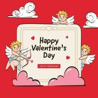 contento San Valentín día saludo tarjeta con Cupido caracteres, corazones y nubes decorado en rojo antecedentes. vector