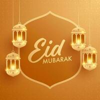 Islamic festival Eid-Al-Fitr Mubarak Concept with hanging golden arabic lanterns on golden color background. vector