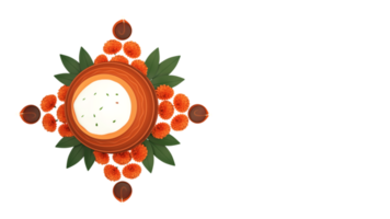 Top View Mud Pot Full Of Pongal Dish Over Floral Rangoli With Lit Oil Lamps Element In 3D Render. png