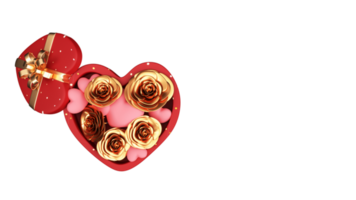 Top View Gift Box Full Of Golden Rose Flowers With Hearts In 3D Rendering. png