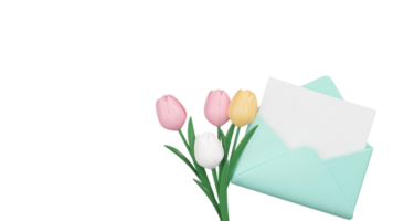 3d geven van Open envelop met blanco papier, kleurrijk tulp boeket met harten element. moeder dag concept. png