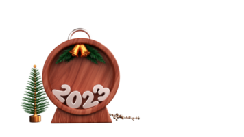 3D Render Of 2023 Number In Plank Round Frame Stand With Golden Jingle Bells, Fir Leaves, Berry Stem And Xmas Or Spruce Tree. png