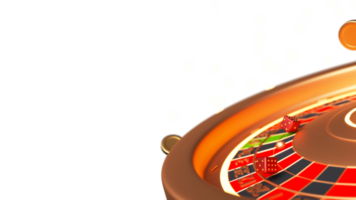 proche vue de roulette roue avec dés et d'or pièces de monnaie élément dans 3d rendre. png