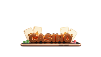 3D Render Of Golden Casino Text With Gamble Elements Over Smartphone Screen. png