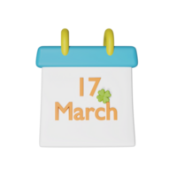 3d render do 17 marcha texto com trevo folha dentro calendário para st patrick's dia elemento. png