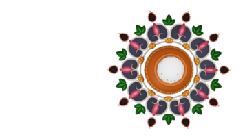 Top View Of Pongali Rice In Clay Pot Over Kolam Decorated By Lit Oil Lamps In 3D Render. png