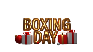 3D Render Golden Foil Boxing Day Text With Realistic Gift Boxes And Balls. Advertising Banner Design. png