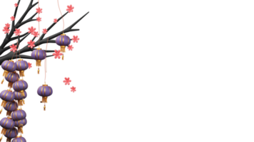 3D Sakura Flower Branch Decorated With Chinese Lanterns Hang Against Background And Copy Space. png