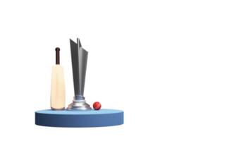 3D Render Of Silver Winner Trophy Cup With Cricket Bat, Ball Over Podium And Copy Space. png