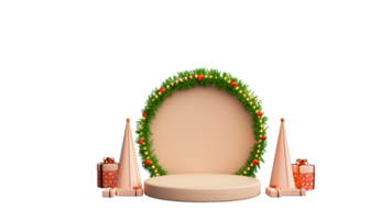 3D Rendering Of Empty Decorative Circular Frame With Xmas Tree And Gift Boxes Decorated Background. png