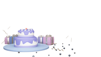 3D Render Of Delicious Cake Over Plate With Gift Boxes, Tiny Balls, Golden Curl Ribbon And Copy Space. png