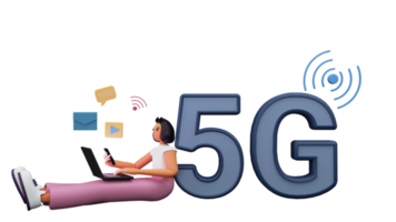 3d render do 5g texto com jovem menina usando social aplicativo através Smartphone e computador portátil contra fundo. png