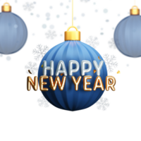 3D Render Of Foil Happy New Year Font With Baubles Hang And Snowflakes On Bokeh Blur Background. png