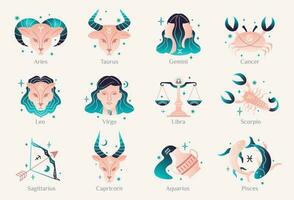 Zodiac astrology horoscope design vector illustrations set. Elegant symbols and icons of horoscopes with names. Vector hand-drawn illustration