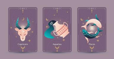 capricornio, Acuario, y Piscis zodíaco símbolos son mano dibujo estilos rodeado por Luna y estrellas en un púrpura fondo, ajuste para paranormal, tarot lectores, y astrólogos vector