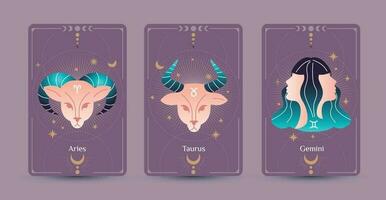 Aries, Taurus, and Gemini zodiac symbols are hand drawing styles surrounded by moon and stars on a purple background, Fit for paranormal, tarot readers, and astrologers vector