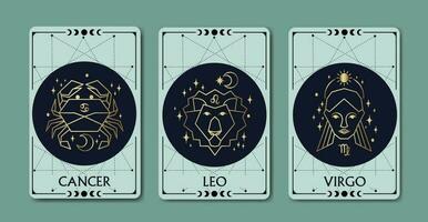 cáncer, Virgo, y León zodíaco símbolos lineal sencillo estilo rodeado por Luna fase en ligero verde fondo, lujo, esotérico, y boho estilos. ajuste para paranormal, tarot lectores, y astrólogos vector