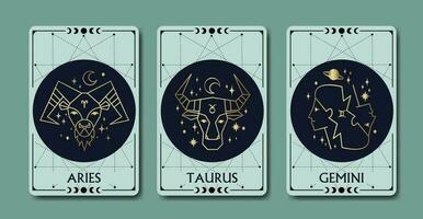 Aries, Tauro, y Geminis zodíaco símbolos lineal sencillo estilo rodeado por Luna fase en ligero verde fondo, lujo, esotérico, y boho estilos. ajuste para paranormal, tarot lectores, y astrólogos vector